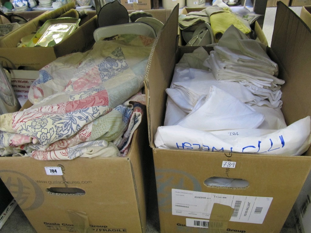 Appraisal: Lot comprising two boxes of linen patchwork etc