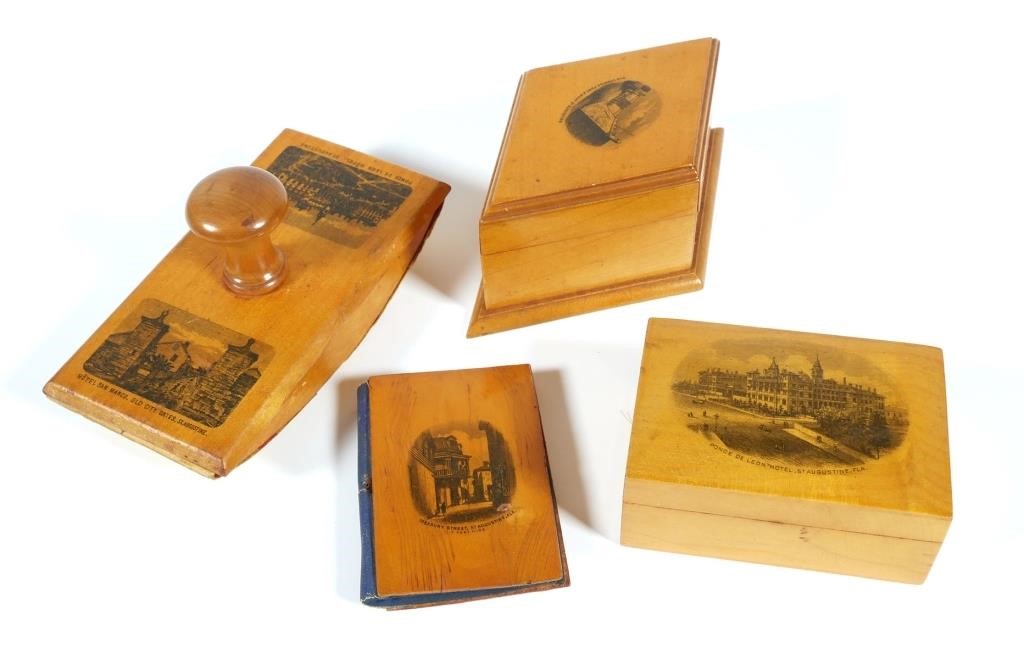 Appraisal: Antique wooden tourist souvenir items with St Augustine depictions boxes