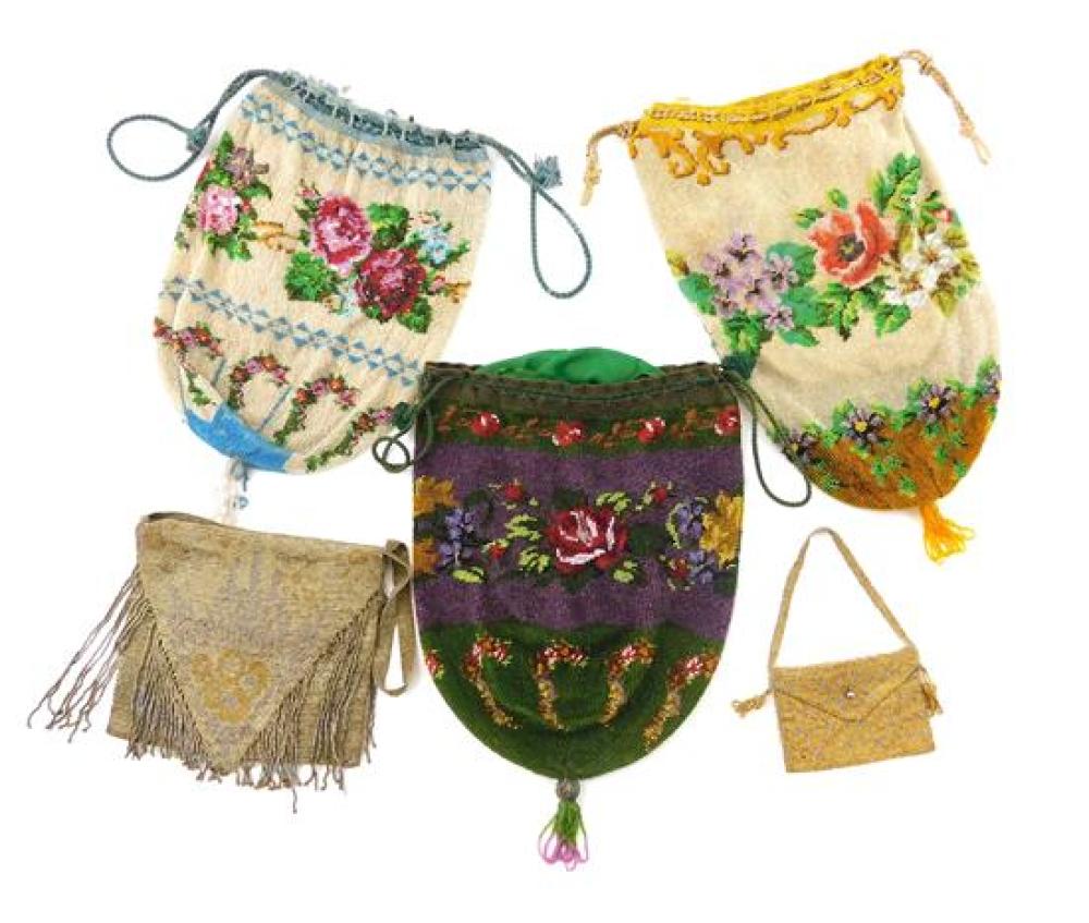 Appraisal: Five late th and early th C beaded bags including