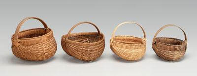 Appraisal: Four oak split egg baskets all with bentwood handles and