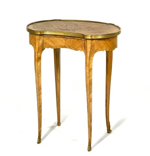 Appraisal: KIDNEY-SHAPED TABLE Louis XV style France Inlaid tulipwood Top with