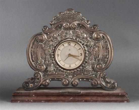 Appraisal: Continental rosewood silvered-faced clock with inscription plaque Estimate - No