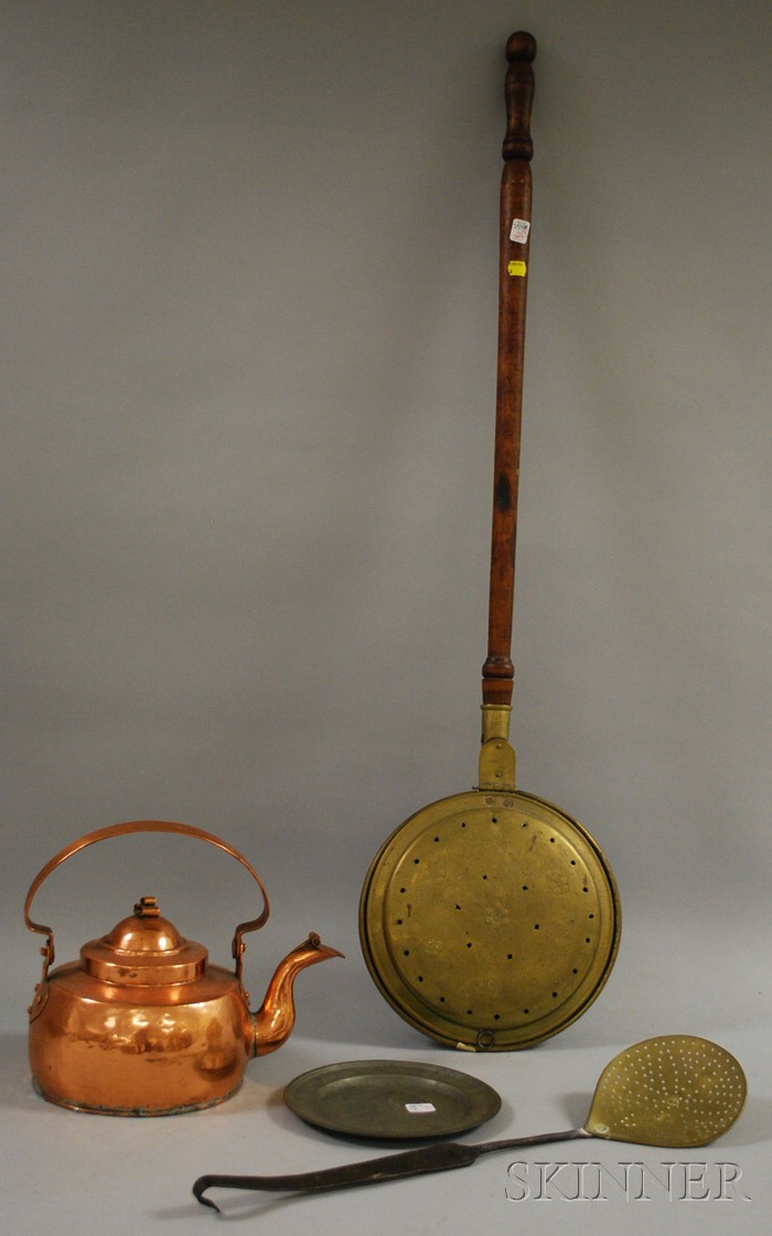 Appraisal: Brass Bedwarmer with Turned Wood Handle a Pewter Plate a