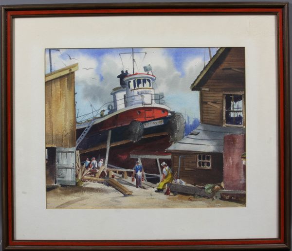 Appraisal: Rockport School boat docked w c x in frame x