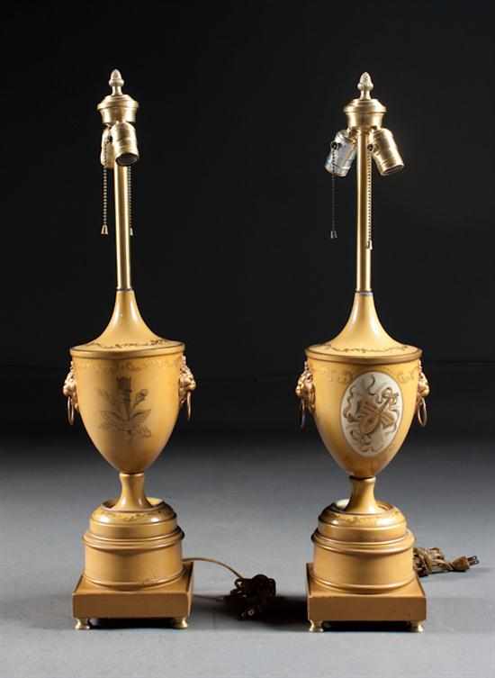 Appraisal: Pair of Regency style toleware urn-form lamps Estimate - All