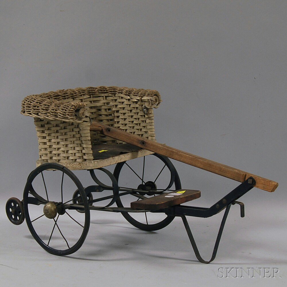 Appraisal: Wicker Doll Carriage with Pull Handle two large wire wheels