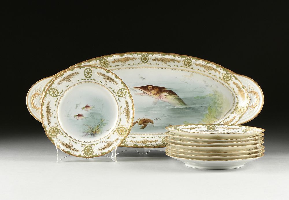 Appraisal: A NINE PIECE FISH PAINTED PORCELAIN SET BY THEODORE HAVILAND