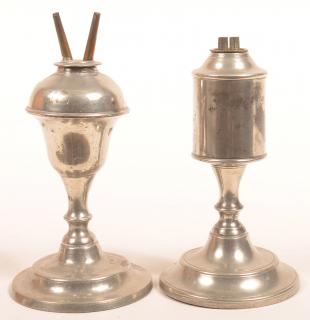 Appraisal: Two American Pewter Whale Oil Lamps Two American Mid th