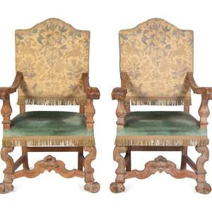 Appraisal: A Pair of Italian Baroque Walnut Armchairs Late th Early