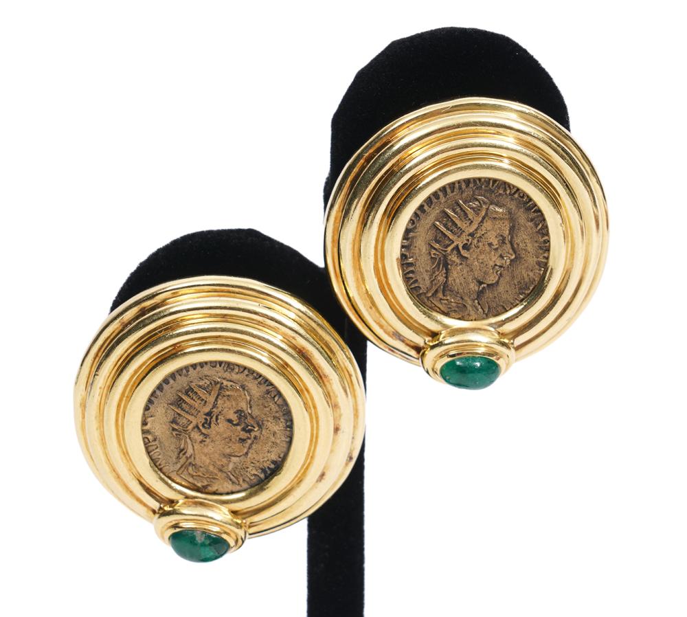 Appraisal: PR K YG EMERALD COIN OMEGA CLIP EARRINGSPair of K