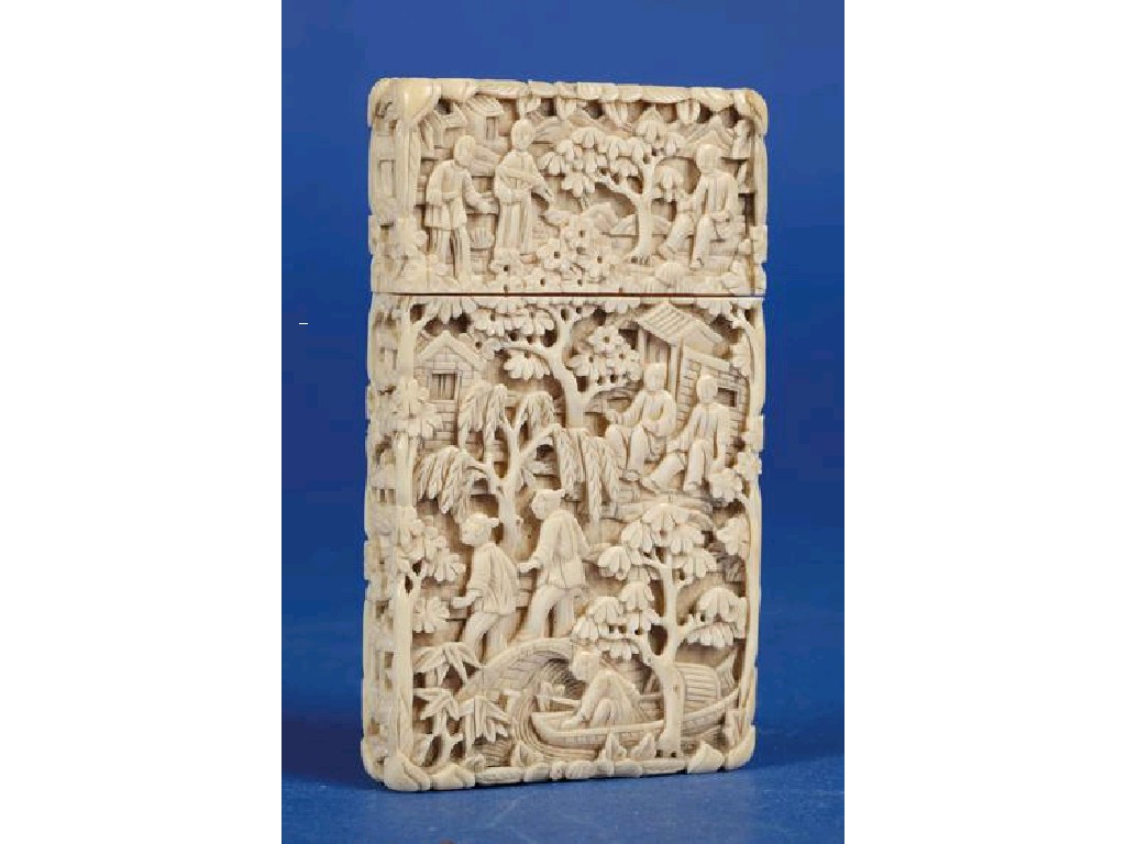 Appraisal: A CHINESE EXPORT IVORY CARD CASE carved in relief with