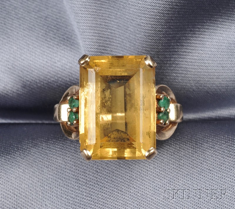 Appraisal: kt Gold Citrine and Emerald Ring prong-set with a fancy-cut