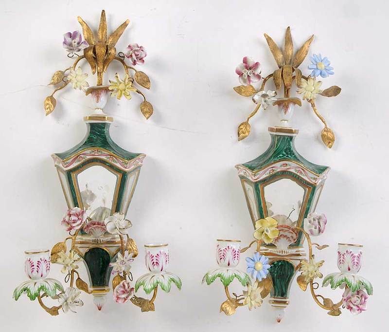 Appraisal: Pair Italian Mirrored Two Arm Porcelain Sconces th century Venetian-style