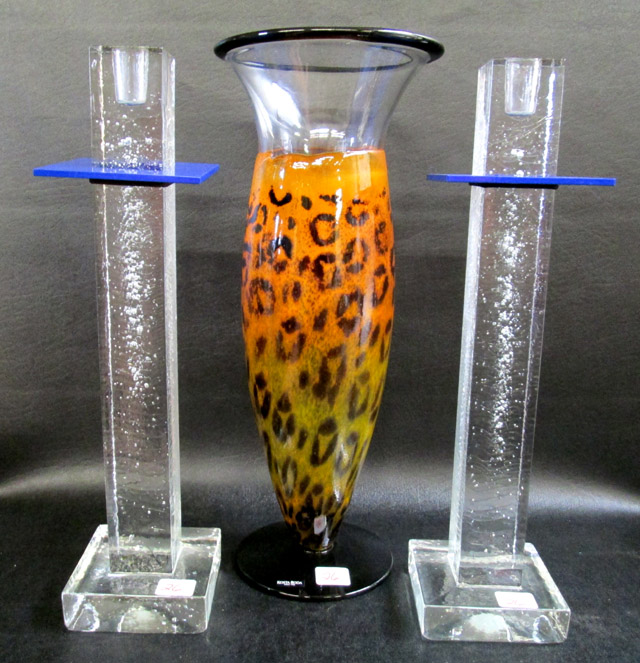 Appraisal: KOSTA BODA PAIR OF CANDLESTICKS AND LEOPARD VASE the two