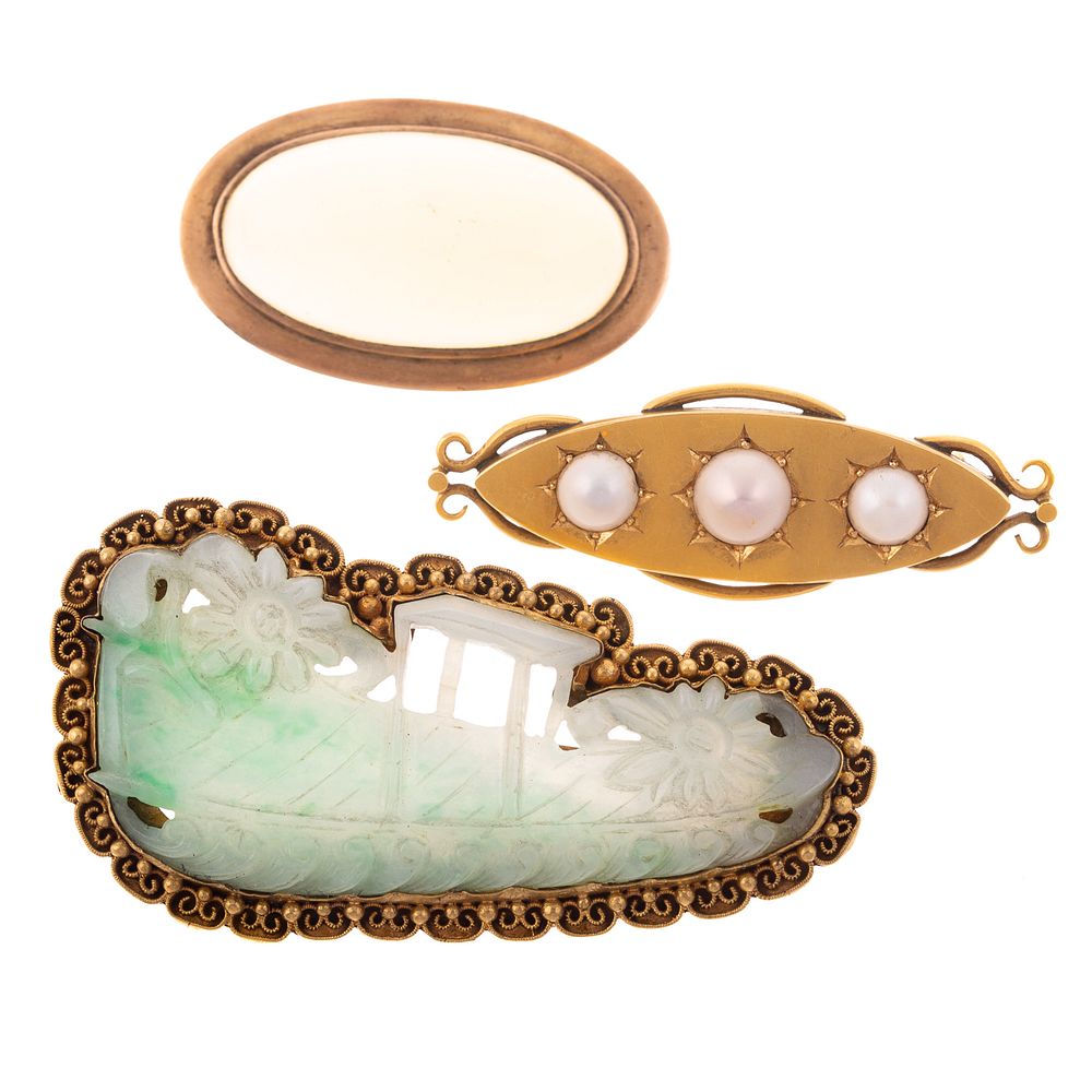 Appraisal: A Trio of Vintage Brooches in Jade Pearl K yellow