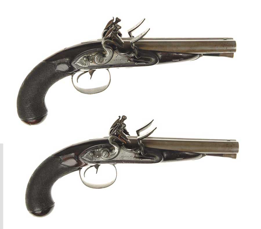 Appraisal: PAIR OF KNUBLEY FLINTLOCK DBL BBL PISTOLS NSN cal smooth