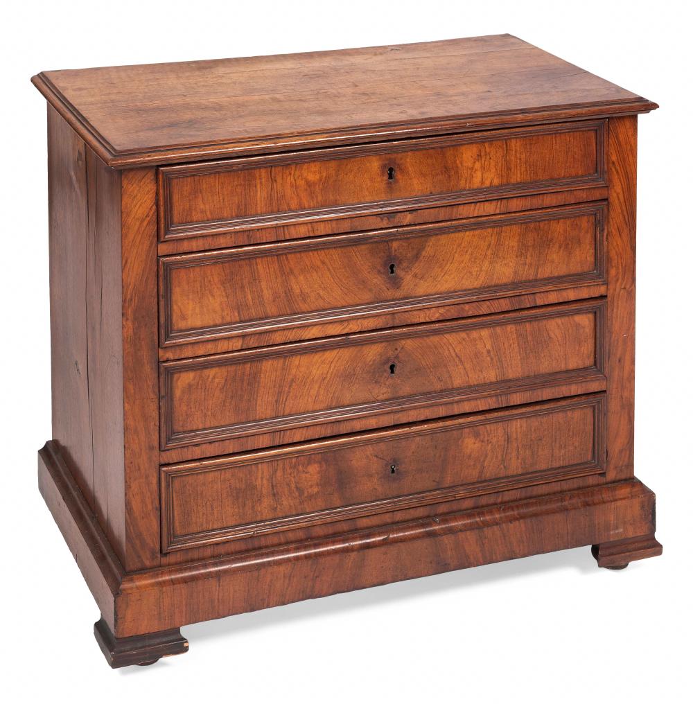 Appraisal: FRENCH BACHELOR'S CHEST th Century In walnut Molded top Four