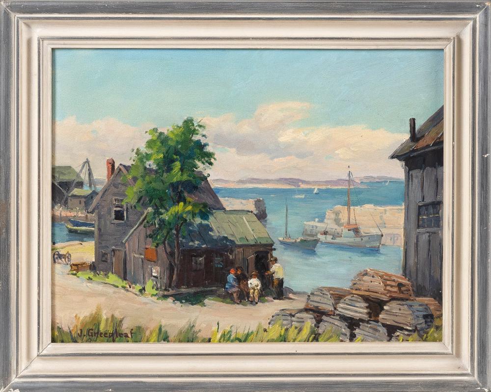 Appraisal: JACOB I GREENLEAF MASSACHUSETTS - FIGURES OUTSIDE FISHING SHACKS OIL