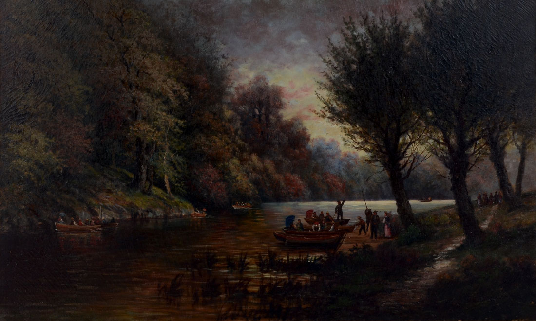 Appraisal: RIVER SCENE GENRE PAINTING WITH TOURIST BOATS Oil Canvas sight