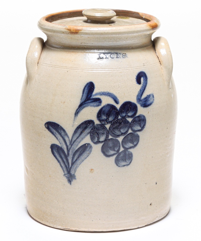 Appraisal: AMERICAN LYONS LIDDED STONEWARE CROCK Second half th century Applied