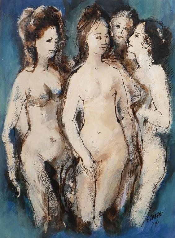 Appraisal: Expressionist oil on board painting of four nude bathers Illegibly