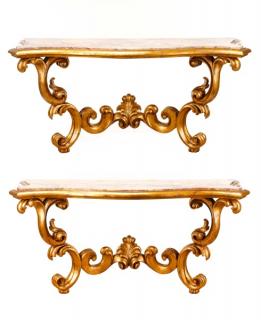 Appraisal: Pair Baroque Giltwood Marble Console Tables Continental likelt Italian late