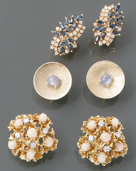 Appraisal: A collection of gem-set diamond and gold clip-earrings grams gross