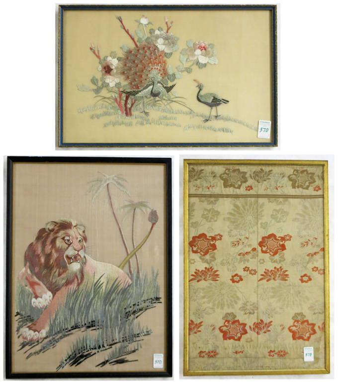 Appraisal: THREE FRAMED CHINESE EMBROIDERIES ON SILK X peacocks x floral