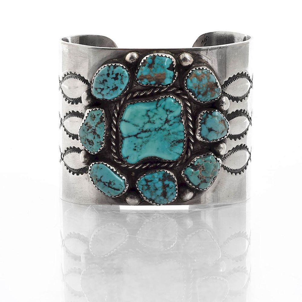 Appraisal: J CHAVEZ NAVAJO SILVER TURQUOISE BRACELET Cuff bracelet with inset