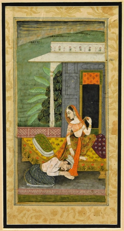 Appraisal: INDIAN COURTING COUPLE MINIATURE PAINTING India th CenturyDepicts a woman