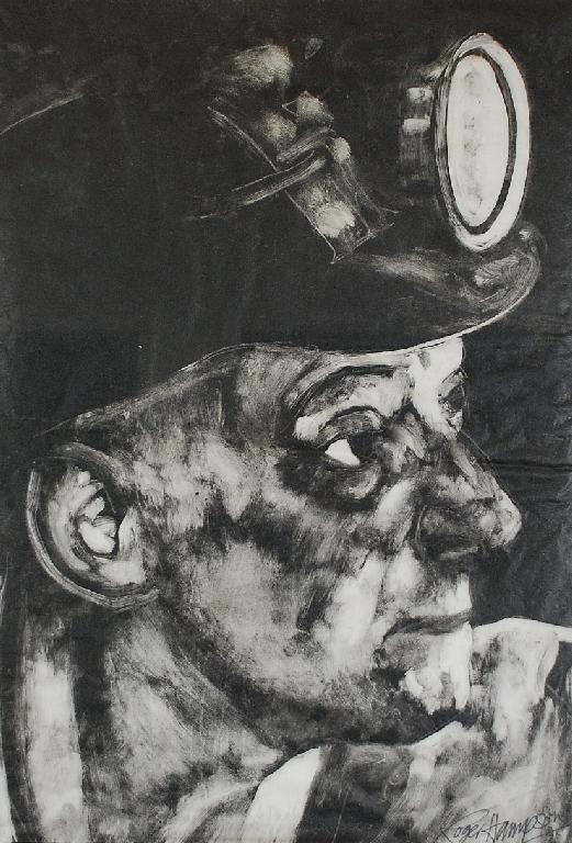 Appraisal: ROGER HAMPSON - MONOPRINT Miner signed x cm x cm