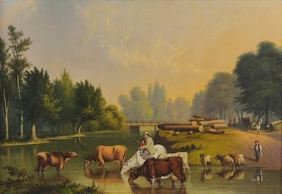 Appraisal: American School th Century River Scene with Figures and Animals