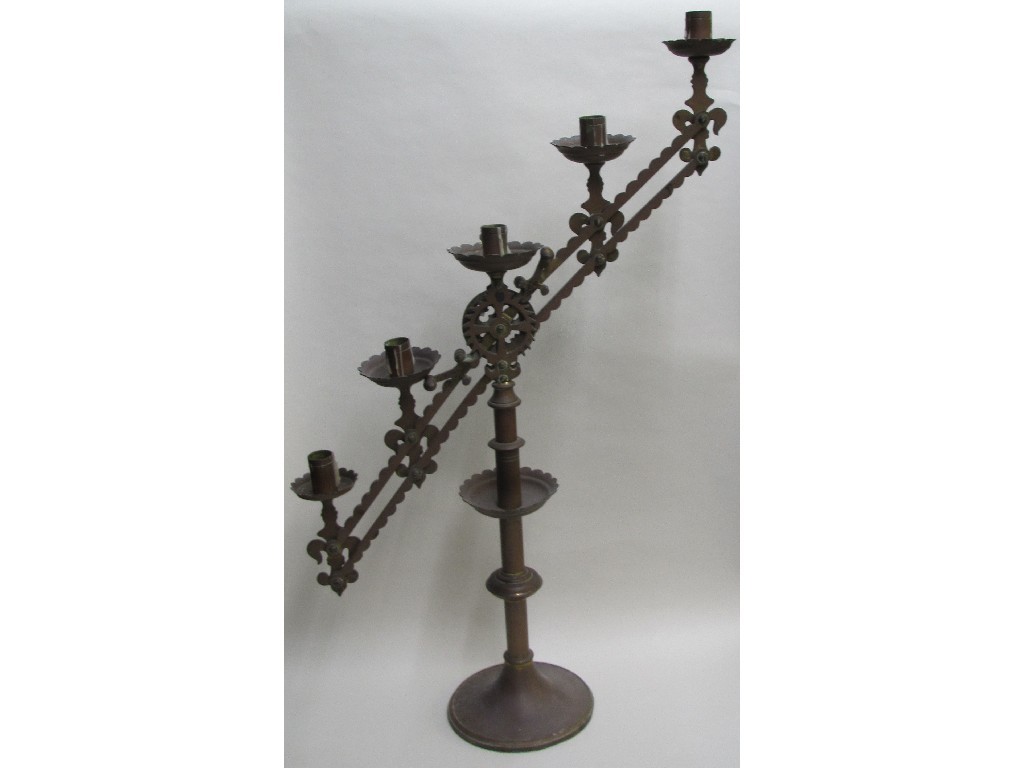 Appraisal: A pair of Victorian Gothic brass adjustable five light candelabrum