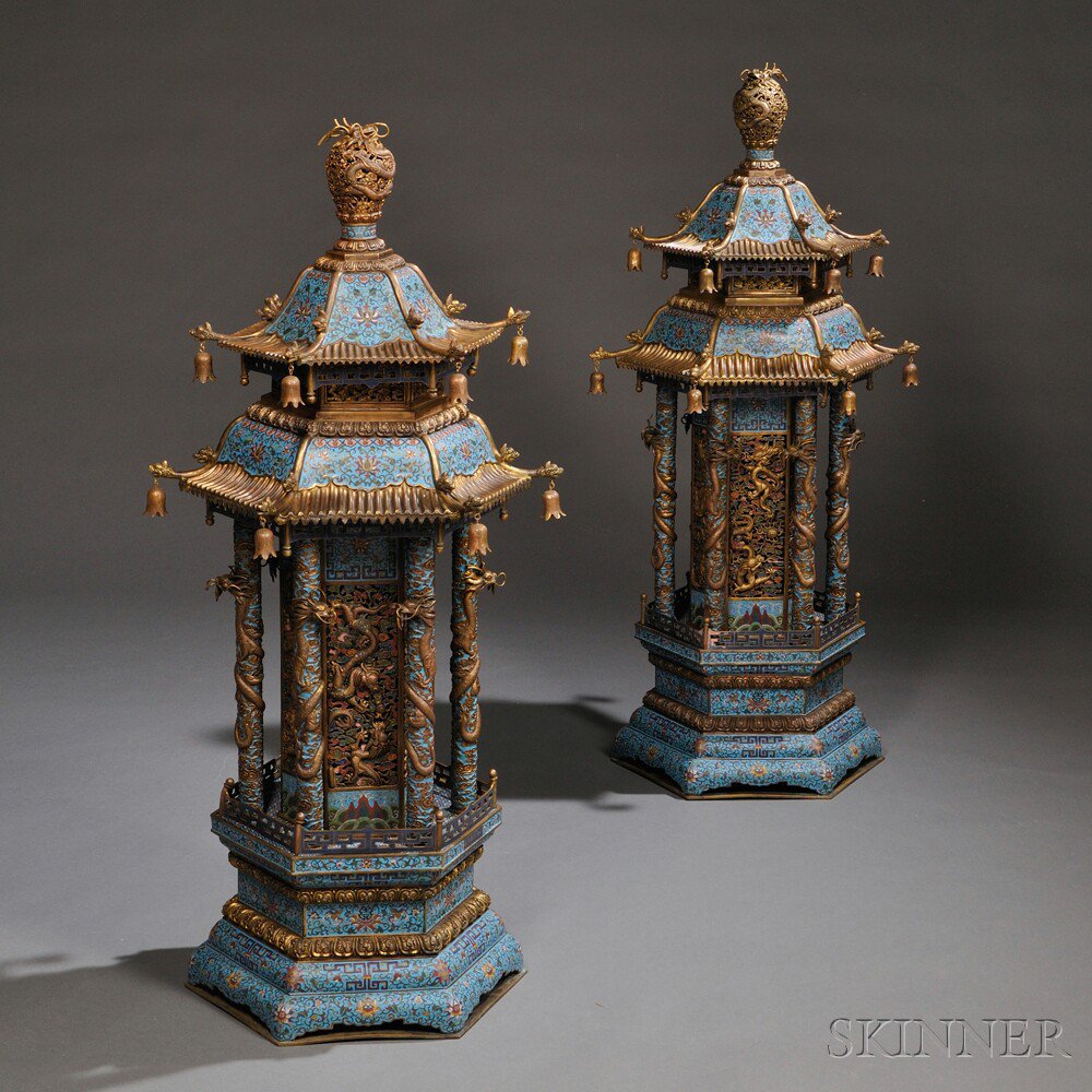 Appraisal: Pair of Pavilion Inspired Cloisonne Covered Censers China th century