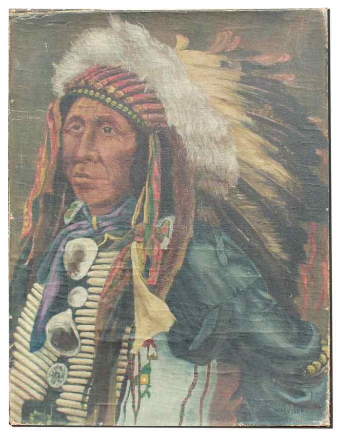 Appraisal: VERY GOOD PAINTING OF AN AMERICAN INDIAN CHIEF WEARING A