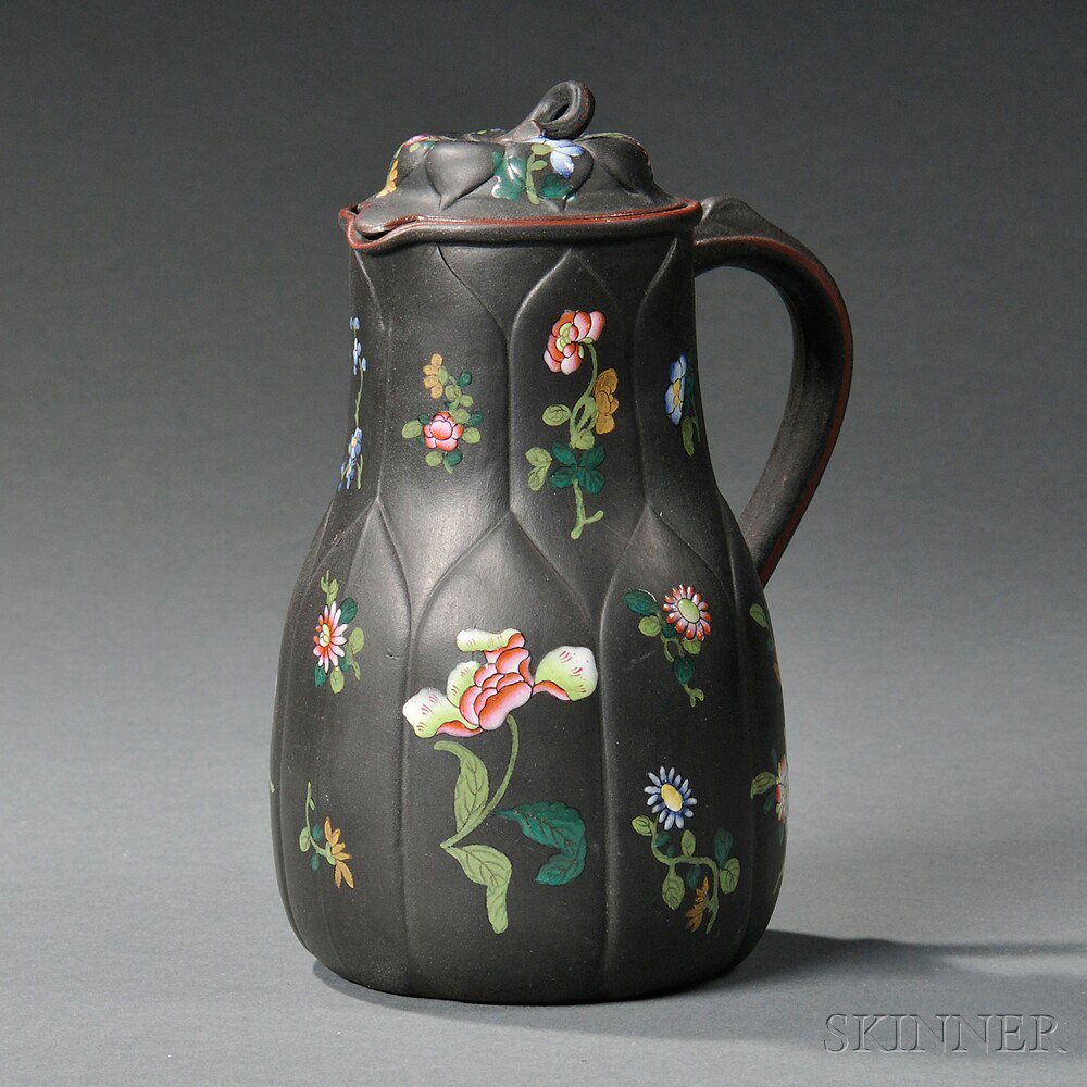 Appraisal: Wedgwood Enameled Black Basalt Pitcher and Cover England th century