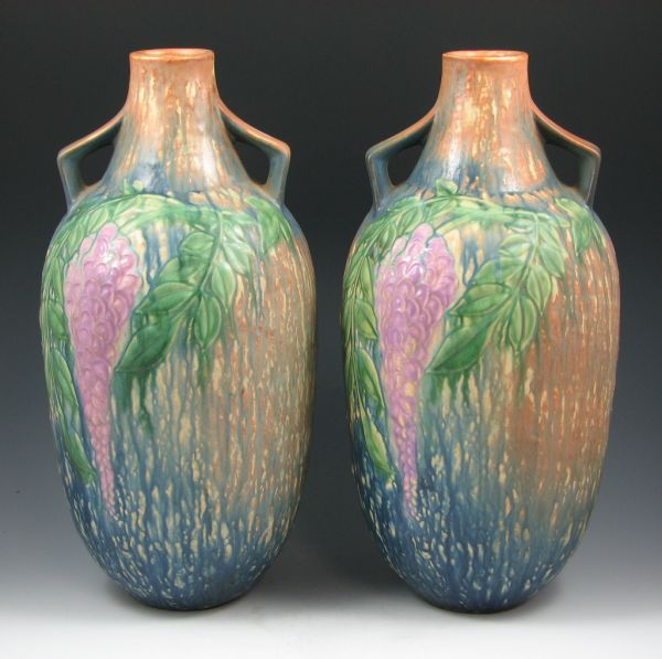 Appraisal: Pair of Roseville Wisteria - vases in blue The largest