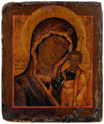 Appraisal: th century Russian icon Kazan mother of God with Cyrillic