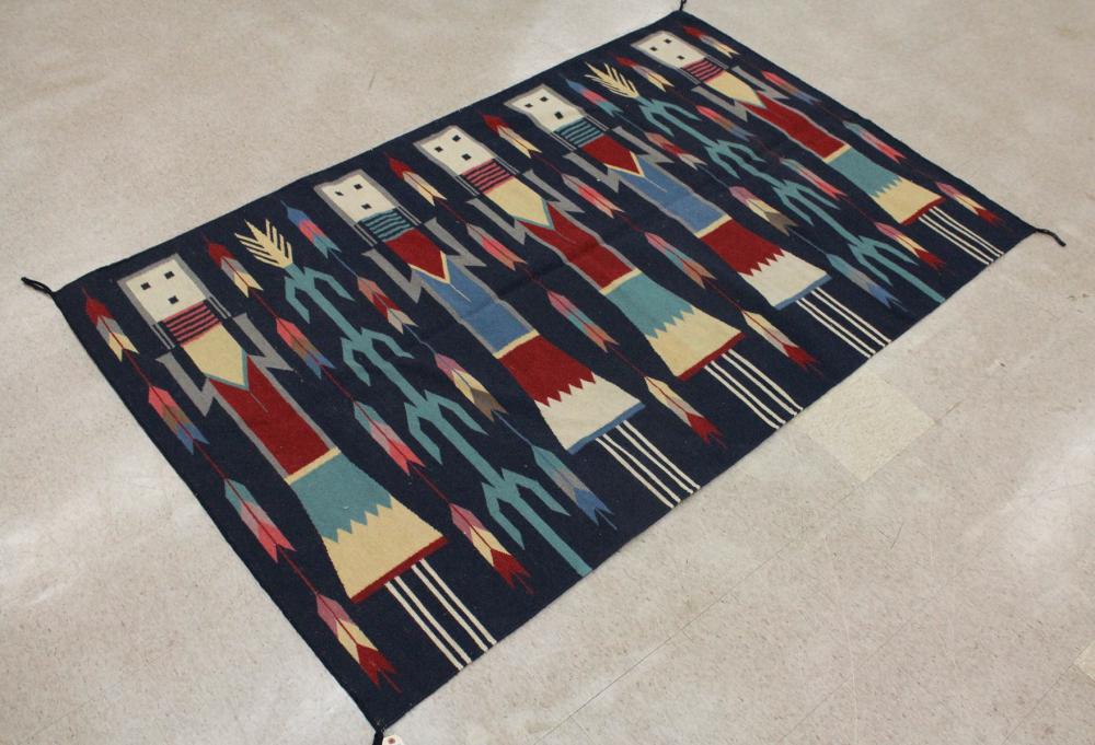 Appraisal: PICTORIAL NAVAJO INSPIRED FLATWEAVE RUG Yei spirit dancers on dark