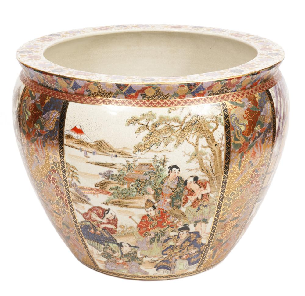 Appraisal: JAPANESE SATSUMA PORCELAIN JARDINIERELarge Japanese satsuma porcelain jardiniere with fighting