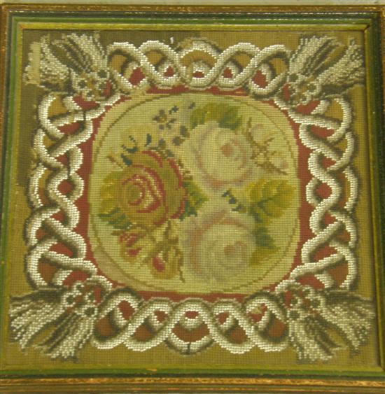 Appraisal: th century beadwork and tapestry panel decorated with roses h