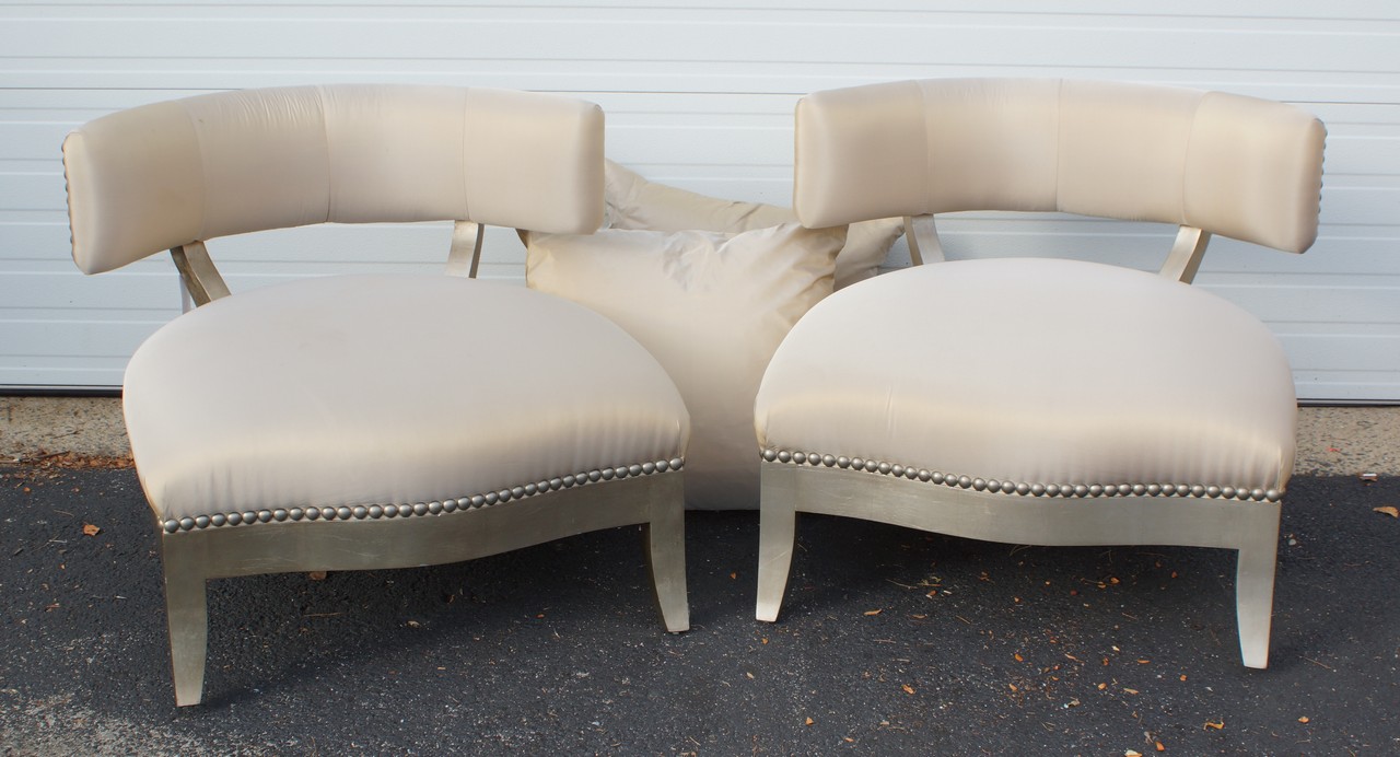 Appraisal: Pr Santorini silk upholstered low back side chairs with pillows