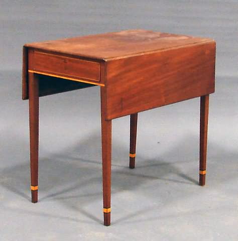 Appraisal: Mahogany with single drawer line-inlaid borders drop-leaf sides tapered square