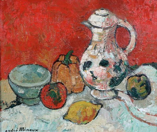 Appraisal: Property of various owners Still life with pitcher bowl vegetables