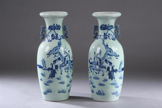 Appraisal: PAIR CHINESE BLUE WHITE AND CELADON PORCELAIN VASES Painted to