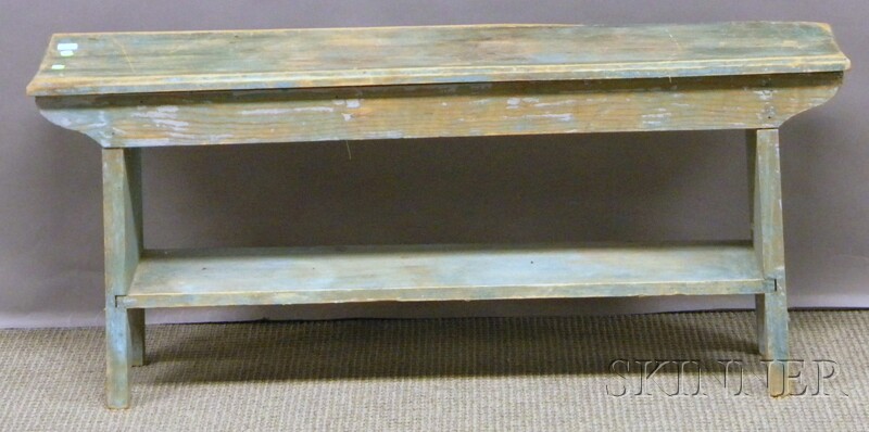 Appraisal: Blue-painted Wood Bucket Bench lg in Provenance Estate of Susan