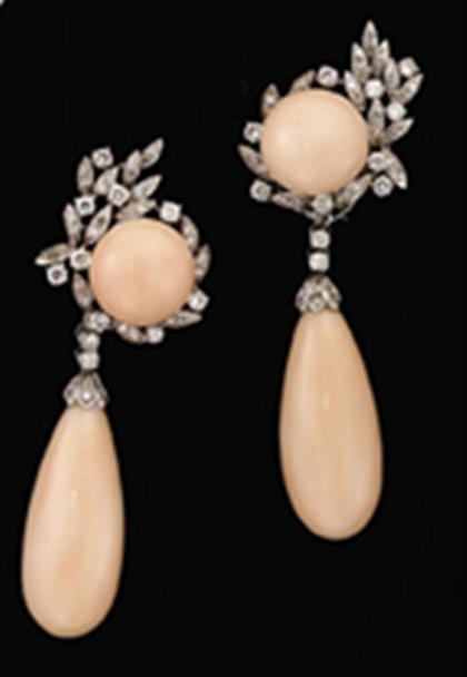 Appraisal: White gold coral and diamond drop earrings s Petite circular