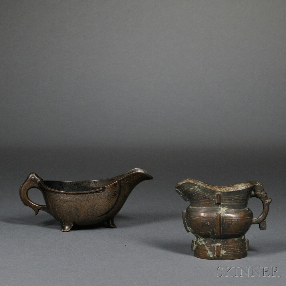 Appraisal: Two Bronze Vessels China one huang with scrolling silver inlaid