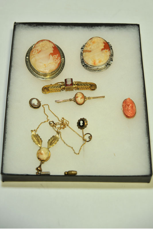 Appraisal: EIGHT CAMEO PIECES Three brooches two Victorian bar pins two