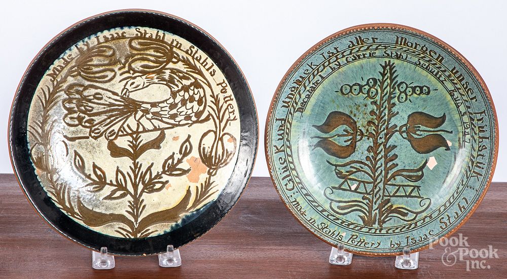 Appraisal: Two Isaac Stahl sgraffito redware plates Two Isaac Stahl sgraffito